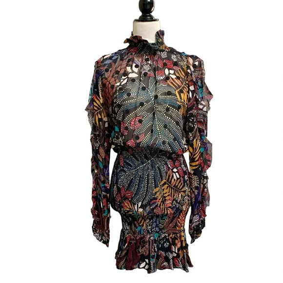 FARM Rio Delicate Forest Smocked Mini Dress Small Floral Embroidered Boho Chic - Picture 3 of 16